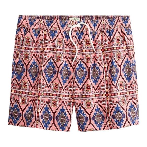J.Crew Mens 6" Stretch Pink Geometric Print ECONYL Nylon Swim Trunks Size Large - Picture 1 of 7